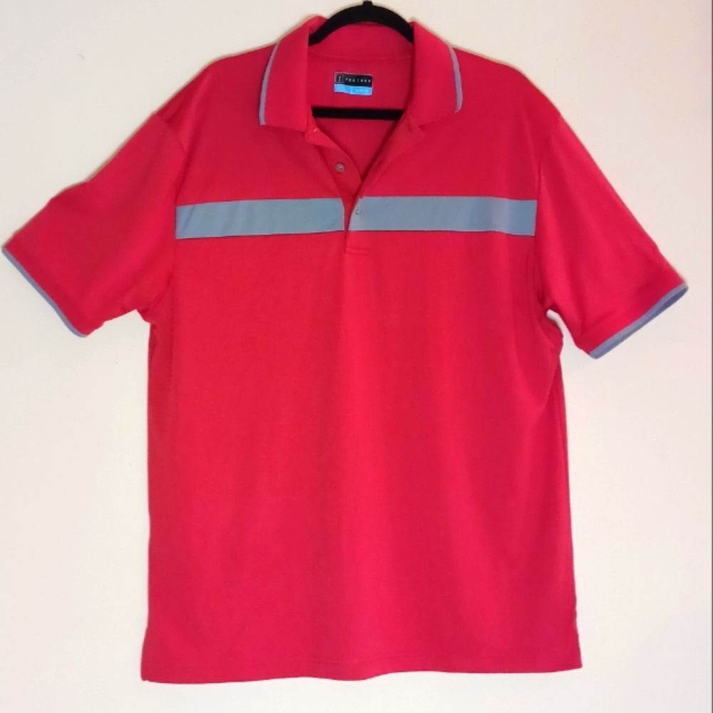PGA Tour Red Polo Leisure Shirt with Gray Stripe and Gray trim.